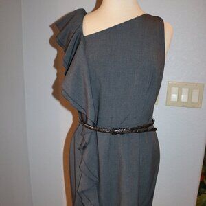 Calvin Klein Business Dress Sz. 10 Charcoal Gray Sleeveless  Ruffled  Belted
